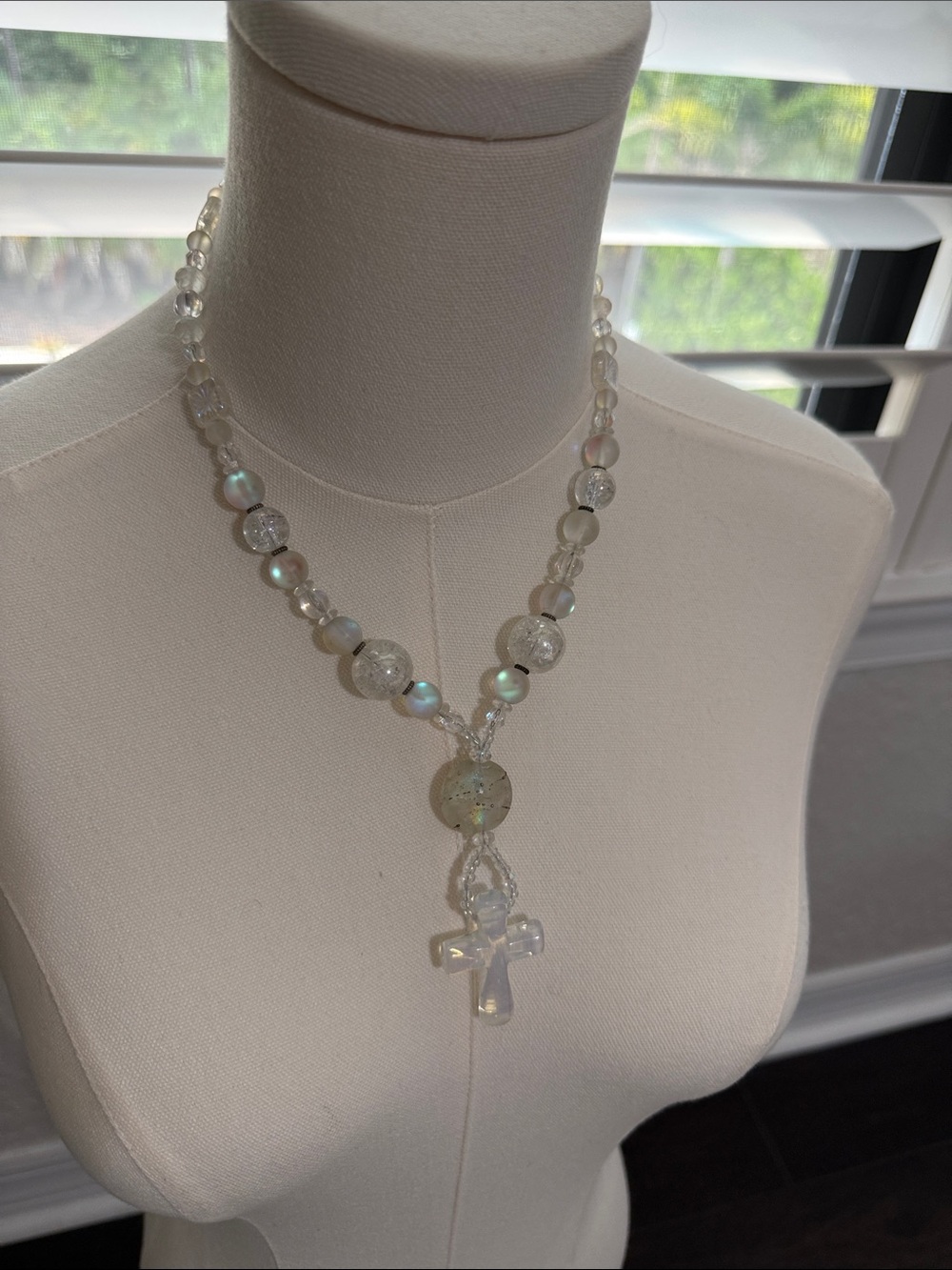Iridescent Crystal Bead Necklace with Cross Pendant - White